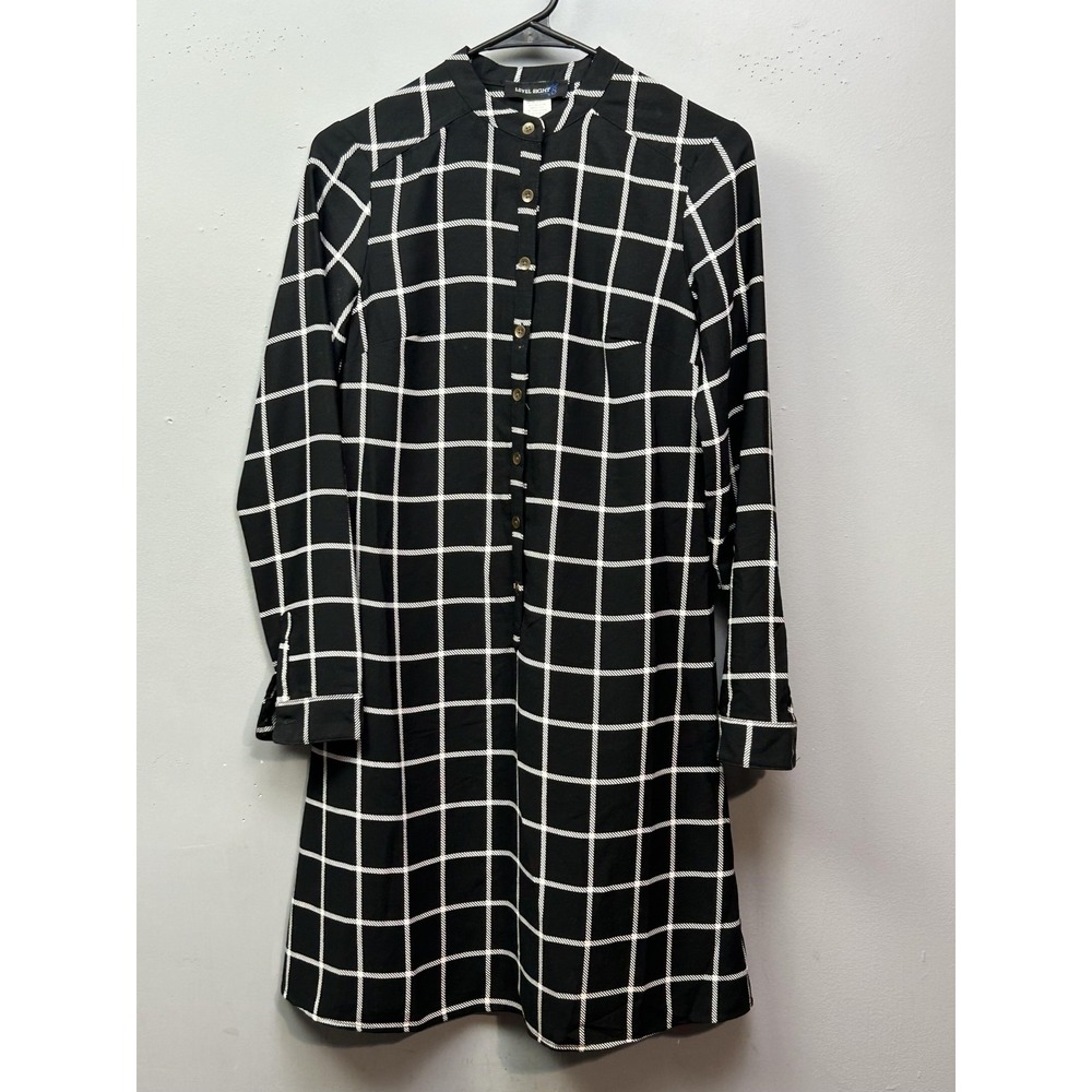 Level Eight Shirt Dress Womens XS Black White Windowpane Plaid Long Sleeve‎